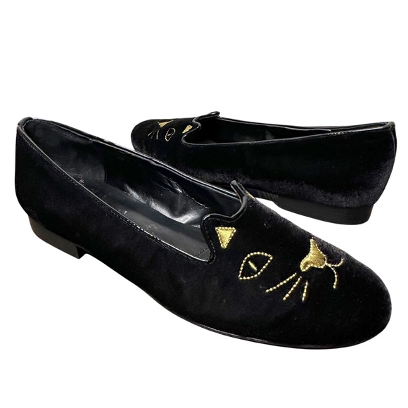 Vaneli Shoes - Vaneli Black Velvet Cat Face Loafer Agace Flats Womens US 9M Gold Embroidered